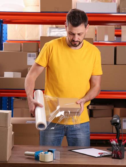 Post,Office,Worker,Wrapping,Parcel,In,Stretch,Film,At,Counter